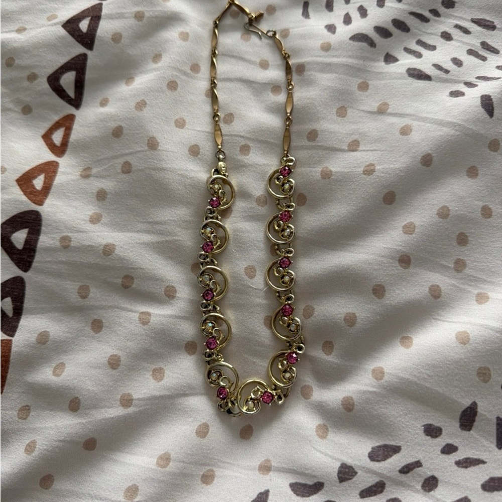 Gold-Tone Necklace with Pink Crystal Accents